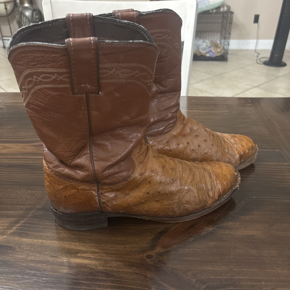 Vintage Justin Boots 3186 Full Quill Ostrich Brown Leather Western Cowboy Sz 10D